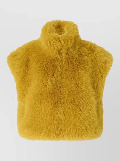 Pinko Aspen Faux Fur Sleeveless High Collar Gilet In Yellow