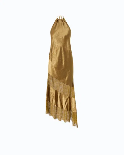 Pinko Asymmetric Satin Midi Dress With Lace In Gold