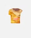 Pinko Asymmetric Crop Top With Landscape Print In Mult.beige/rosa