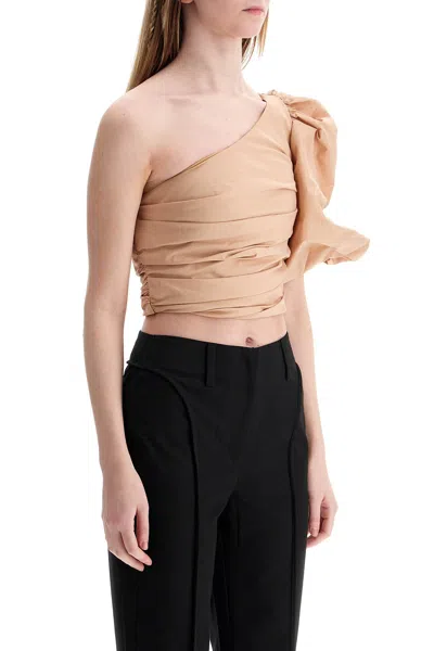 PINKO ASYMMETRICAL ONE-SHOULDER TAFFETA TOP IN CAMEO PINK