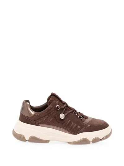 Pinko Brown Calf Leather Bos Taurus Chunky Sneakers In Multi