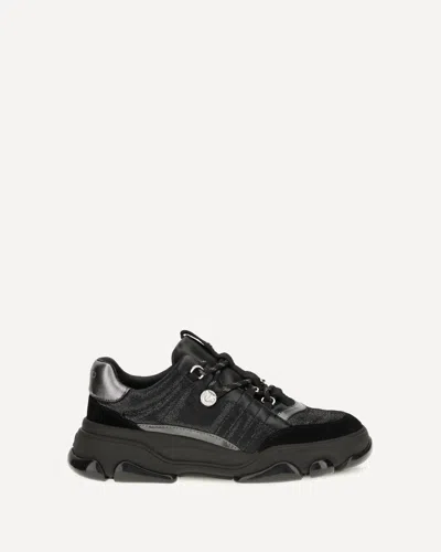Pinko Athena Crackled Leather And Suede Sneakers With Love Birds Logo In Black