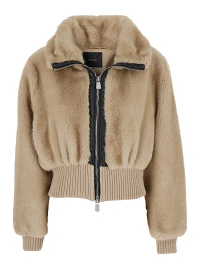 Pinko Bagels Beige Bomber Jacket With Front Zip Closure In Ecofur Woman In Nude