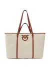 Pinko Spacious Beige Canvas Tote With Brown Leather Straps In White