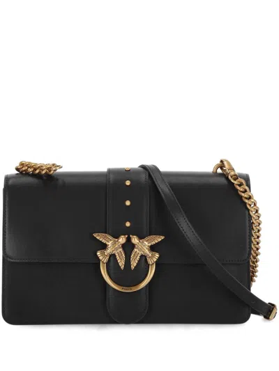 Pinko Love One Classic Black Crossbody Bag With Studded Strap And Love Birds Diamond Cut Plaque On The Fro