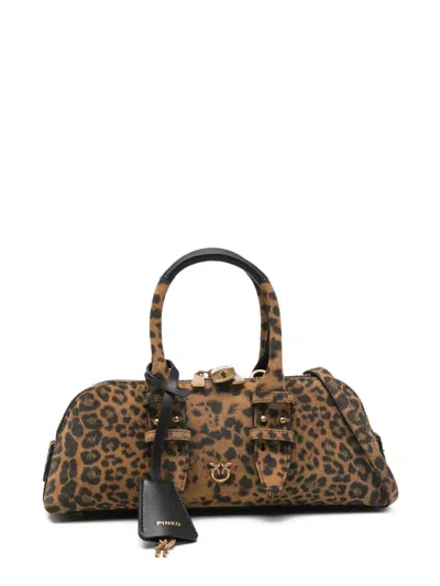Pinko Suede Bowling Shoulder Bag Animal Print Handle In Brown