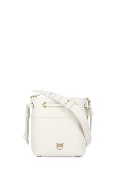 PINKO WHITE MINI BUCKET BAG WITH METALLIC LOVE BIRDS LOGO ON THE FRONT IN HAMMERED LEATHER WOMAN