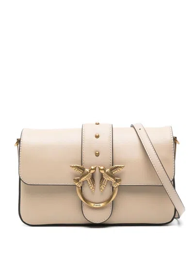Pinko Beige Leather Shoulder Bag With Gold-tone Bird Clasp In Neutrals
