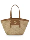 PINKO PINKO LOVE SUMMER BUCKET BAG IN WOVEN RAFFIA WITH LEATHER INSERTS