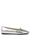 Pinko Pointed Toe Flats With Metallic Silver Finish And Chain Detail In Silver
