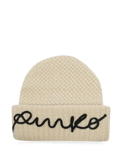 Pinko Bambu Embroidered-logo Beanie Hat In Brown