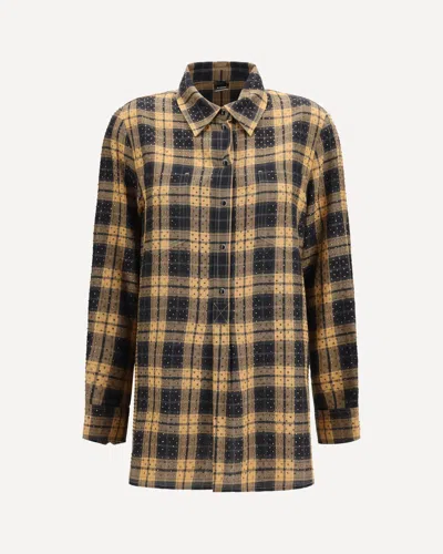 Pinko Barbellino Check Pattern Shirt With All-over Micro Rhinestones In Brown