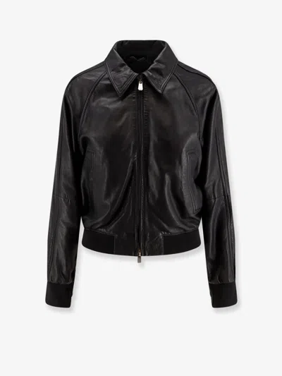 Pinko Barbra Leather Jacket Pointed Collar Design In Black