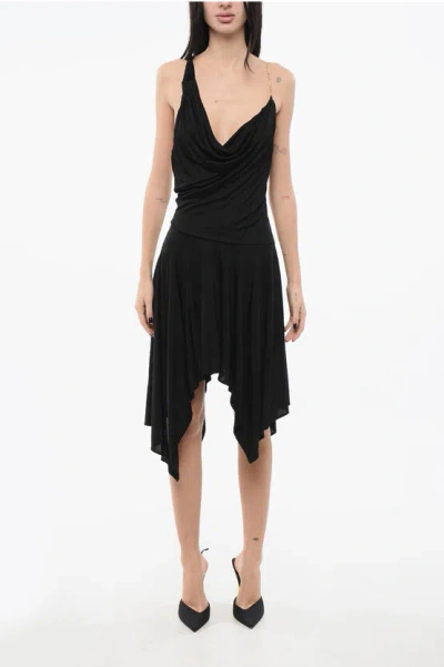 Pinko Bare Back Asymmetrical Vitulano Dress With Golden Chain In Limo Black