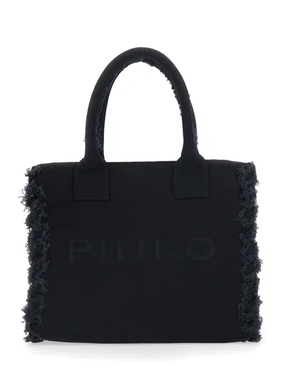 PINKO BEACH SHOPPER CANVAS - BLACK COTTON TOTE BAG FOR WOMEN