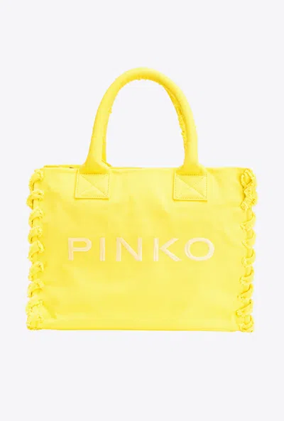 Pinko Beach Shopper In Recycled Canvas In Sun Yellow-antique Gold