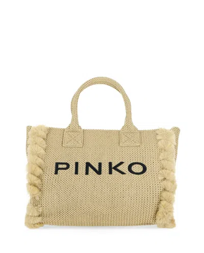 Pinko Medium Beach Rafia Tote Bag In Neutral