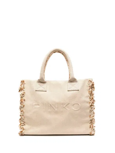 Pinko Logo-embroidered Beach Bag In Beige