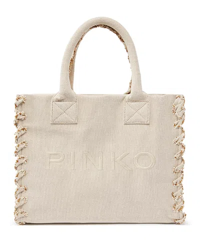 Pinko Beach Shopping Beige Cotton Canvas Handbag