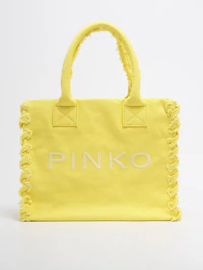 Pinko Beach Shopping Canvas Shopping Bag In Sun Yellow-antique Gold
