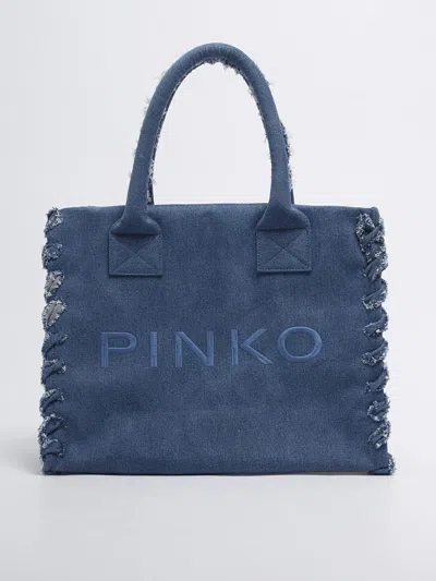 Pinko Beach Shopping Canvas Shoulder Bag In Denim Blu