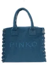 PINKO 'BEACH' BLUE TOTE BAG WITH LOGO LETTERING EMBROIDERY IN COTTON BLEND DENIM WOMAN