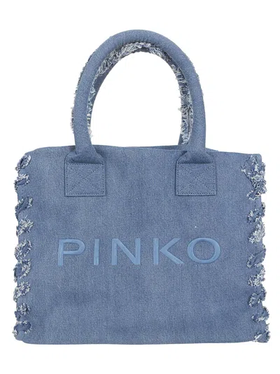 Pinko Recycled Denim Beach Shopping Bag In Q Denim Blu Antique Gold