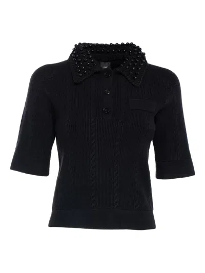 PINKO BEADED-COLLAR CABLE-KNIT KNITTED POLO TOP