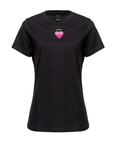 Pinko Beaded-heart Cotton T-shirt In Black
