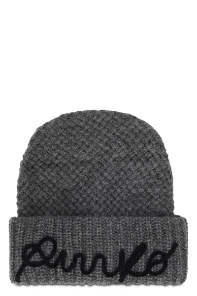 Pinko Beanie With Embroidered Logo In Gray