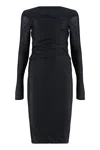 Pinko Black Long Dress With Ruffles And Boat Neckline In Tech Fabric Woman In Black