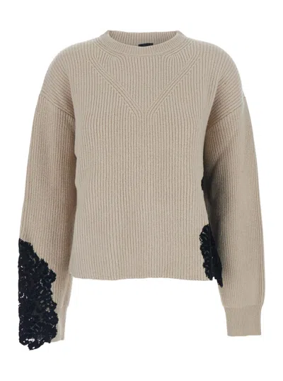 PINKO BEIGE CREWNECK SWEATER WITH LACE EMBROIDERY AND LOGO PATCH ON THE REAR IN WOOL BLEND WOMAN