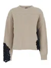Pinko Beige Crewneck Sweater With Lace Embroidery And Logo Patch On The Rear In Wool Blend Woman In Neutral