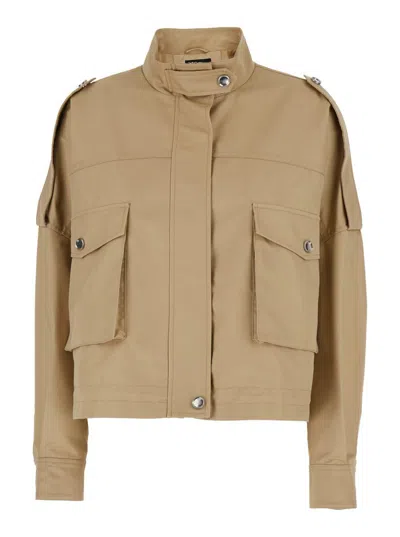 Pinko Beige Jacket With High Collar And Flap Pockets On The Front In Cotton Blend Woman