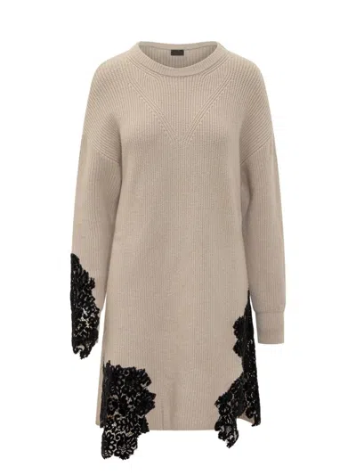 PINKO PINKO BEIGE KNIT DRESS WITH BLACK LACE PINKO