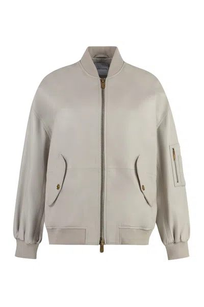 Pinko Beige Leather Jacket With Zipped Pockets And Ribbed Edges For Women