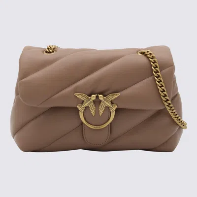 Pinko Beige Leather Shoulder Bag In Brown