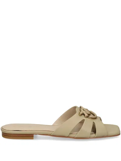 Pinko Beige Marli 09 Cut-out Leather Mules In Animal Print