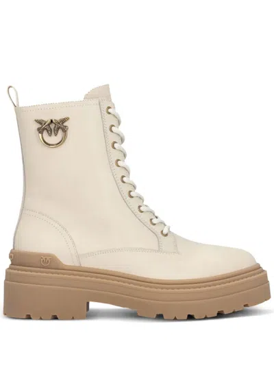 Pinko Beige Mia 11 Chunky Sole Emblem Leather Ankle Boots In Multi