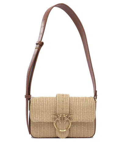Pinko Beige Rafia And Leather Crossbody Bag In Brown