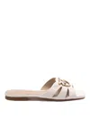 Pinko Milk Calf Leather Slippers With Striped Structure And Golden Details In Cream