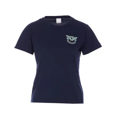 Pinko Short-sleeved T-shirt With Bejewelled Love Birds Embroidery In Blue