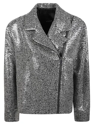 Pinko Bellis Caban Asymmetrical Cropped Metallic Jacket In Gray