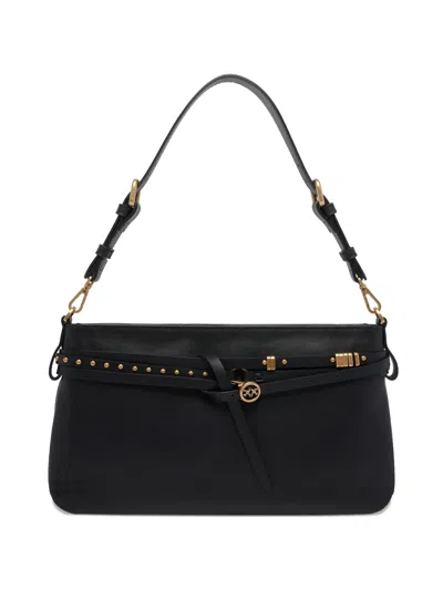 Pinko Studded Logo Shoulder Bag In Black