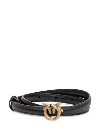 Pinko Belt Love Mini With Logo Buckle In Nero-antique Gold