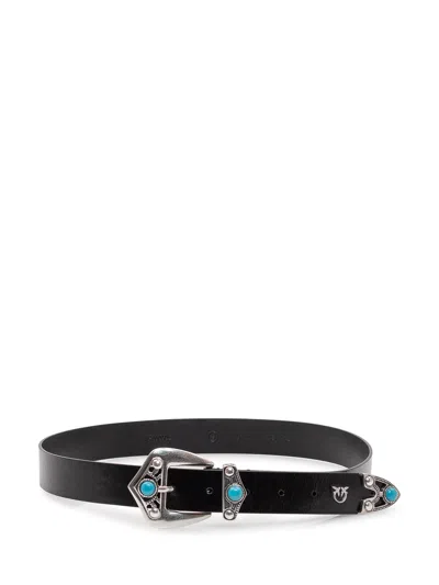 Pinko Belt With Decorative Buckle And Embellishments In Nero/old Silver