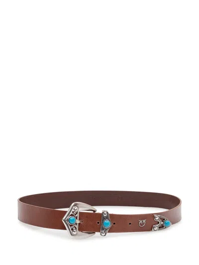 Pinko Belt With Statement Buckle And Details In Marrone-leone-old Silver