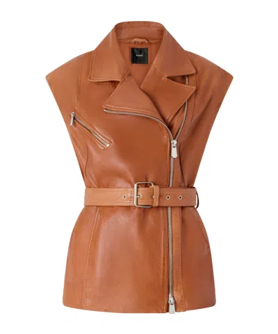 Pinko Belted Biker-style Leather Vest In Brown