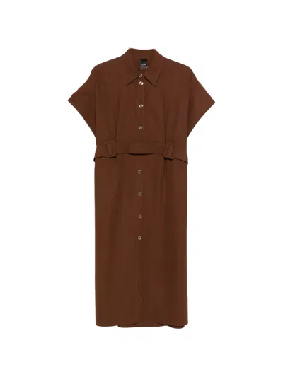 Pinko Alesha Belted Waist Midi Dress Short Sleeves In Brown