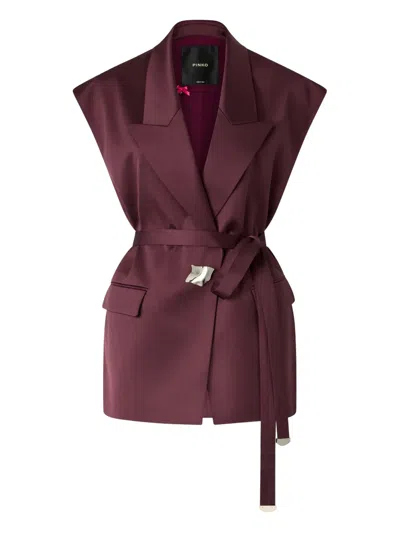 Pinko Satin Blazer Belted Waist Sleeveless Pockets In Burgundy